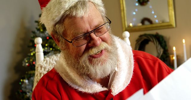 Santa claus reading a list during christmas time at home 4k