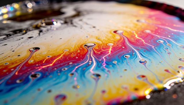 Macro iridescent liquid film showing rainbow interference ribbons, droplets and glints