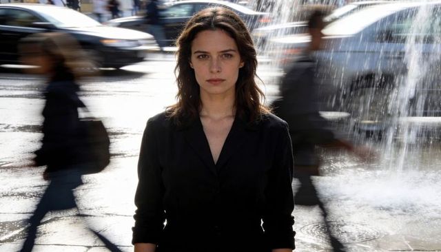 Young woman standing calm amid blurred commuters and fountain spray on wet city plaza