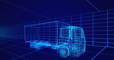 Futuristic 3d blueprint of truck with digital grid background