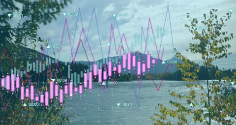 Data Visualizations Overlaying Scenic Riverside Landscape