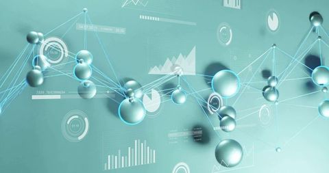 Futuristic data network of floating glossy spheres linked by neon lines on teal gradient