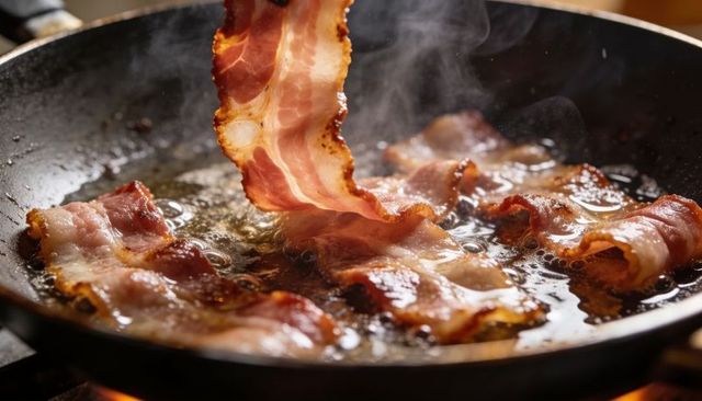 Sizzling bacon strips curling and browning in skillet with bubbling fat and steam