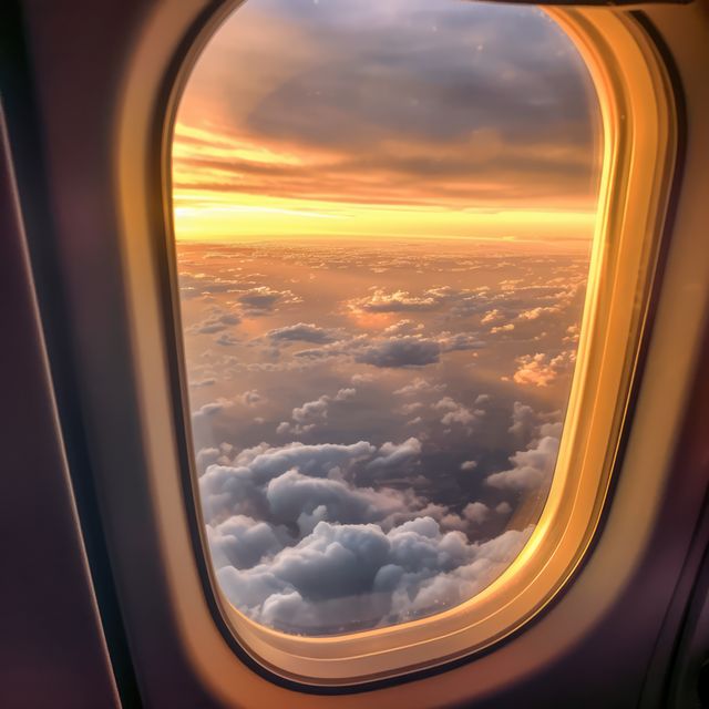 Stunning evening sky view from an airplane window, showcasing gold and orange horizon above layers of fluffy clouds. Perfect for travel-themed projects, booking websites, or inspirational content that evokes a sense of adventure and discovery.