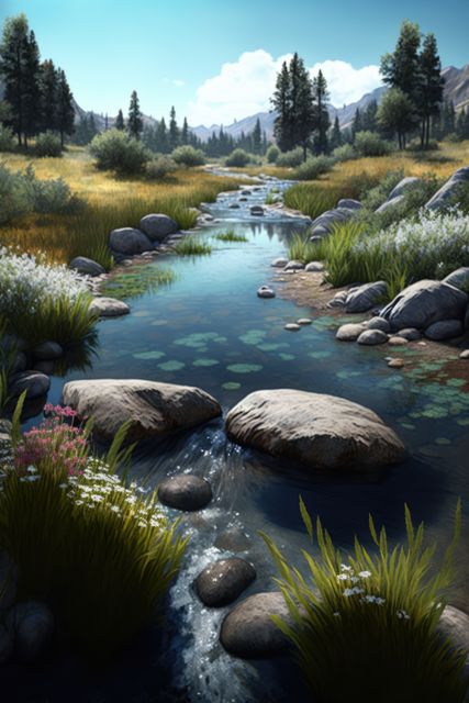 This beautiful scene captures a mountain stream flowing gently through a lush, green meadow. With clear blue skies above, and surrounded by distant mountains and forests, this idyllic location exudes tranquility and peace. Ideal for use in nature-related content, travel brochures, or as relaxing landscape artwork.