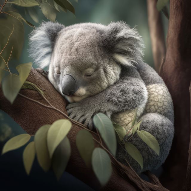 Sleeping koala nestled in eucalyptus tree, showcasing peaceful resting behavior and adorable appearance. Ideal for nature-themed content, educational materials on wildlife, promotional use for zoos or conservation efforts, and advertisements focusing on relaxation or peaceful environments.