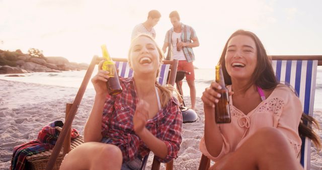 Young Friends Enjoying Relaxing Beach Day with Beers - Download Free Stock Images Pikwizard.com