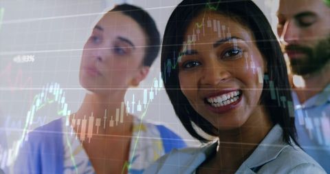 Confident Businesswoman With Coworkers and Financial Graphs Background