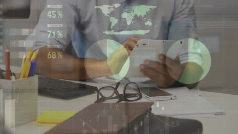 Businessman Analyzing Data on Tablet with Infographic Elements Overlay