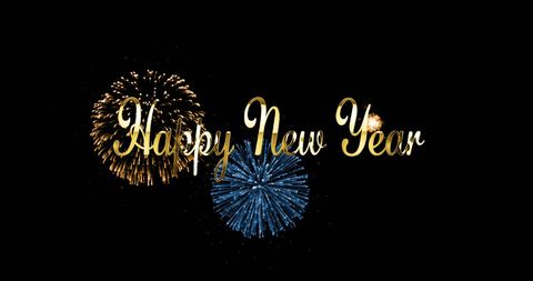 Celebratory Fireworks with Happy New Year Text Against Black Background