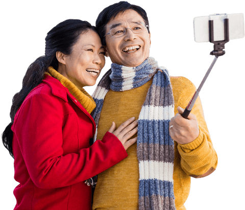 Joyful Asian Seniors Taking Winter Selfie Outdoors Transparent
