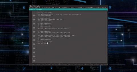 Futuristic neon terminal window showing monospaced code over cyber circuit wallpaper