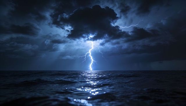 Midnight lightning striking ocean horizon, illuminating storm clouds and rippling waves