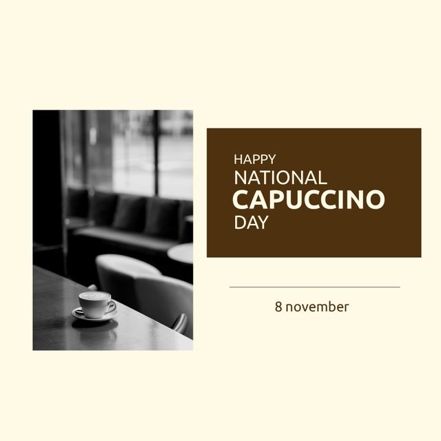 This image is perfect for promoting National Cappuccino Day, showcasing a cozy and elegant café atmosphere. Ideal for use in social media posts, blog articles, newsletters, and promotional materials for coffee shops or beverage brands. It conveys warmth, comfort, and the joy of enjoying a delicious cup of cappuccino. Use this image to attract coffee lovers and invite them to celebrate this special day with a perfectly brewed cappuccino.