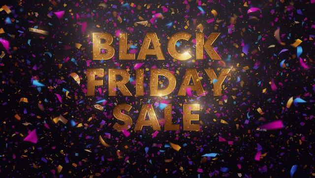 Golden Black Friday Sale Headline Sparkling with Colorful Confetti and Glittering Metallic Accents