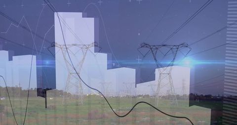 Smart Grid Visualization Featuring High-Voltage Transmission Towers with Data Overlay