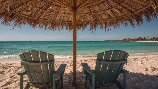 Tropical Paradise Beach with Adirondack Chairs and Thatched Umbrella
