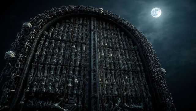 Gothic Cyclopean Skeletal Gate Under Full Moon