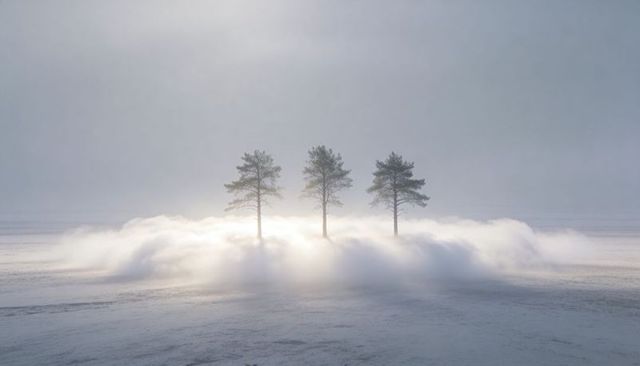 Three pine trees rising through winter mist over snow plain with soft halo light serene minimal