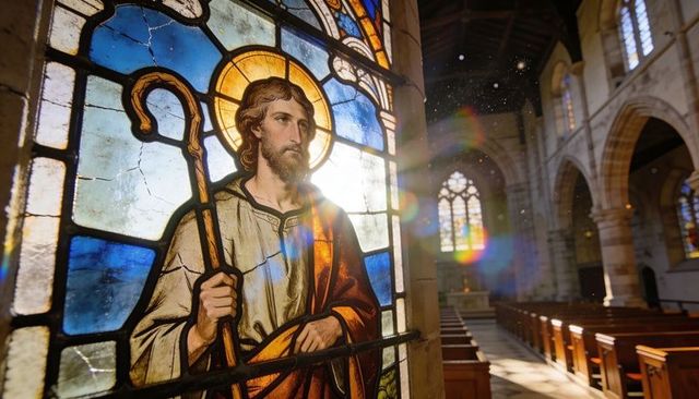Sunlight pouring through stained glass saint casting radiant light into church nave