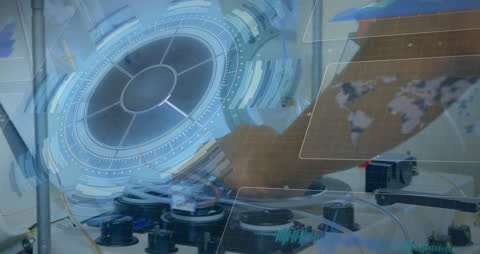 Business Professionals Analyzing Data Overlay with Global Technology Elements