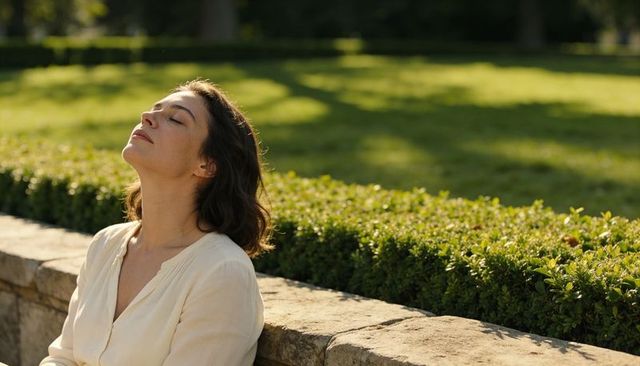 Woman basking in sunlight on low stone wall, serene garden relaxation and mindful calm