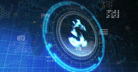 Holographic Dollar Emblem Rotating over Futuristic Global HUD with Neon Analytics Rings