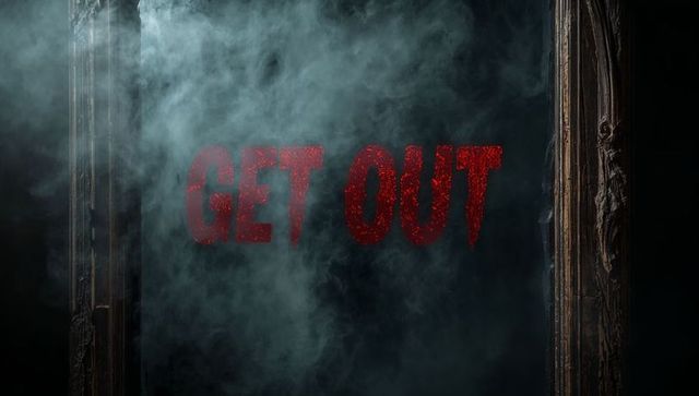 Eerie Red 'Get Out' Message in Misty Decaying Corridor