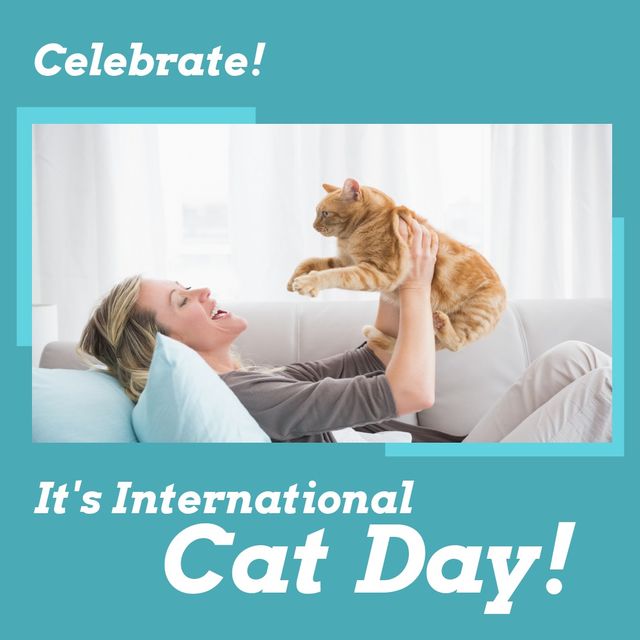 Image of celebrate its international cat day and caucasian woman with cat lying on sofa. Animals, pets and cat day concept.