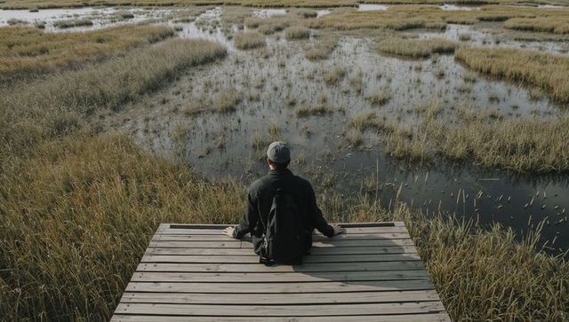 Man sitting on boardwalk gazing across marshland for solitude and reflection