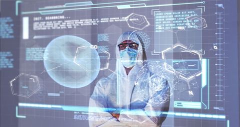Medical technology expert in ppe suit with digital interface overlay