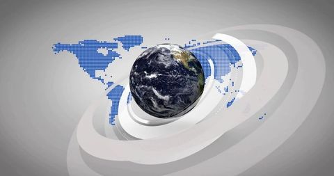 Rotating Realistic Earth Globe Above Digital Stage Showing Blue Dotted World Map and Orbital Rings