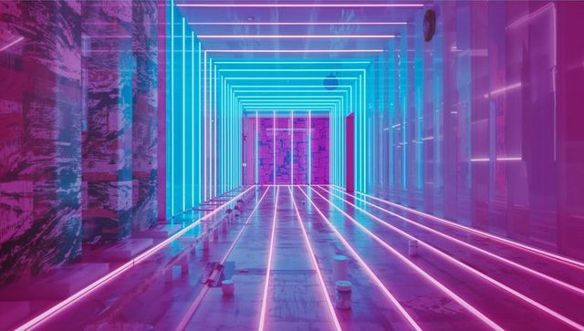 Futuristic neon lit corridor with divergent reflections