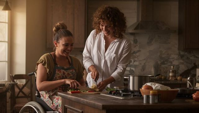 Sunlit kitchen duo cooking together with wheelchair inclusion chopping fresh vegetables