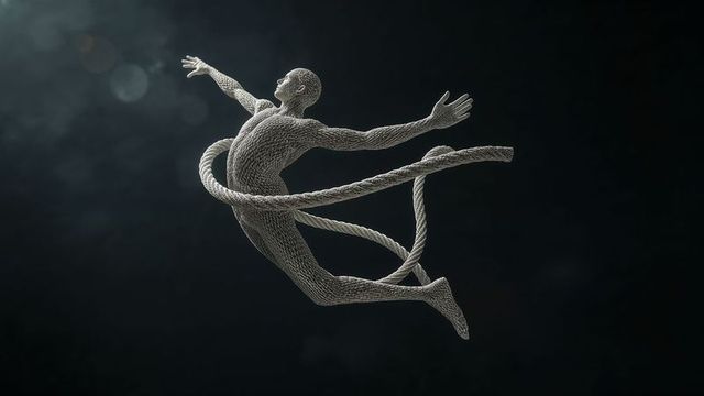 Levitating rope-fiber human sculpture triumphing through space