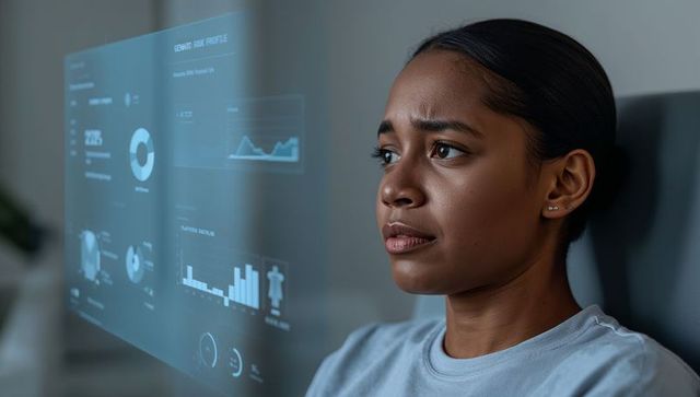 Young woman analyzing holographic data dashboard with worried expression, modern workspace