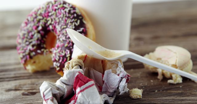 Close up of donut with hundreds of thousands sprinkle and coffee cup with copy space. Coffee, breakfast, lunch, dessert, food, sweets, sugar and eating concept, unaltered.