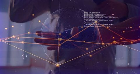 Man Manipulating Holographic Globe Showing Glowing Network Nodes and Floating Code
