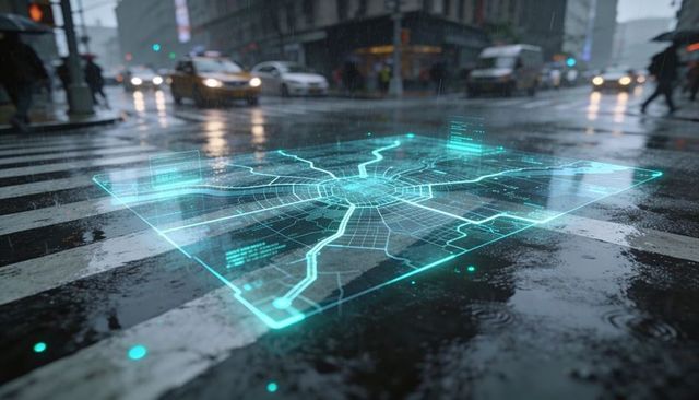 Neon cyan holographic city map projecting on wet crosswalk during rainy urban evening