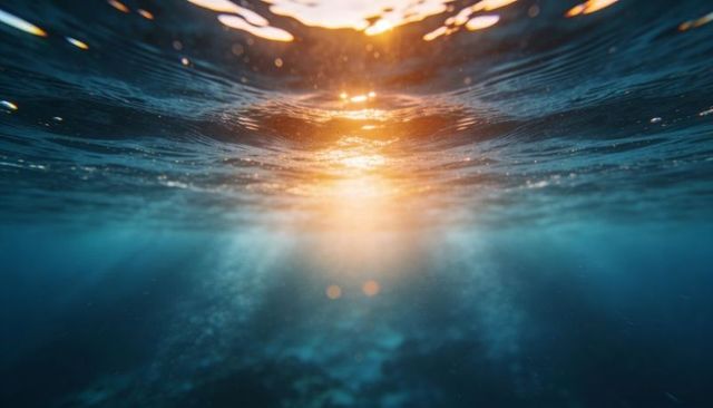 Sunlight piercing turquoise ocean surface creating golden rays and underwater caustics