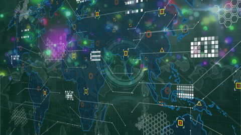 Global Data Network with World Map and Abstract Graphics