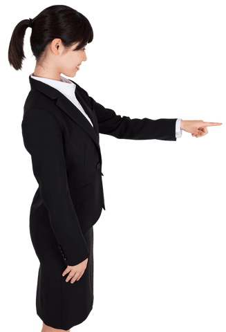 Asian businesswoman pointing at virtual interface on transparent background