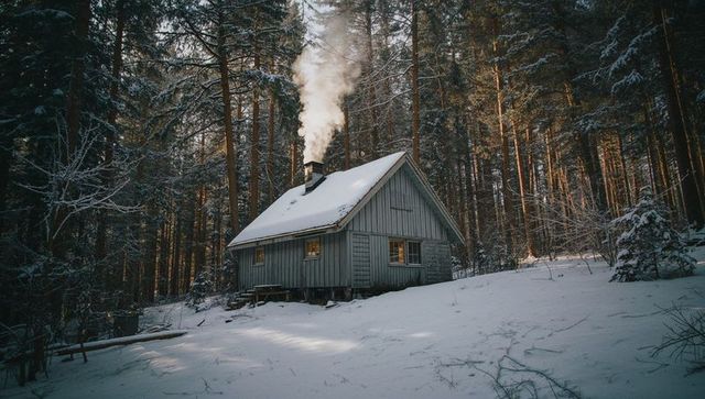 Tranquil wooden cabin with steam in winter wonderland