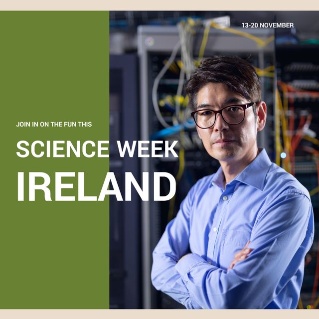 Asian Man Standing in Server Room for Science Week Ireland Event - Download Free Stock Templates Pikwizard.com