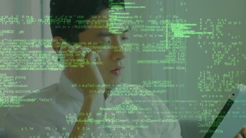 Business Professional Speaks on Phone Amidst Digital Code