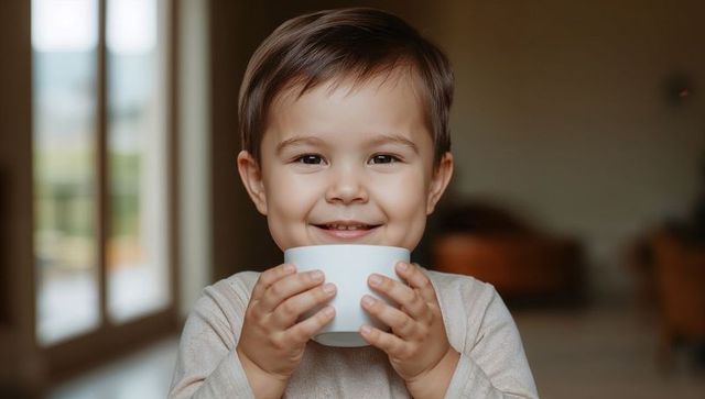 Smiling toddler cradling white cup near window in cozy living room morning light