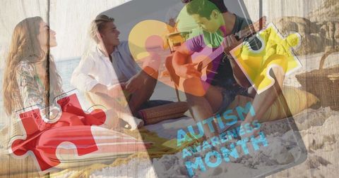 Friends Enjoy Beach Picnic With Autism Awareness Theme