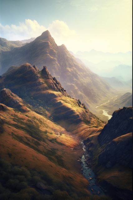 A panoramic view of a majestic mountain range basking in the early morning light. The golden hues of the sun illuminate the peaks and rolling hills, with a winding river cutting through the valley. This image evokes a sense of tranquility and awe, making it perfect for travel brochures, nature magazines, desktop backgrounds, and outdoor adventure advertisements.