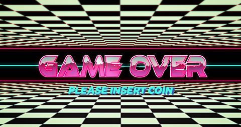 Retro game over screen with neon text and checkerboard background