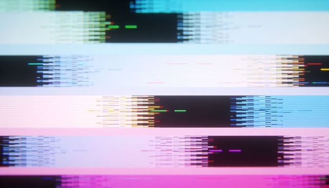 Displaying abstract digital glitch bands with pastel scanline distortion and pixel noise